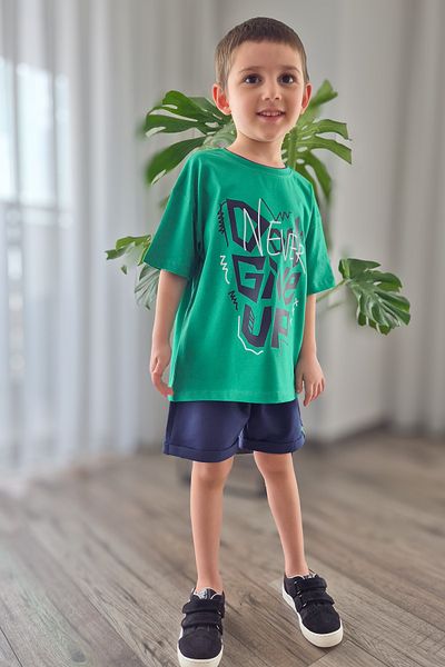 My Baby's World Dont Never Green Navy Blue Label Detailed Double Color Collar Cotton Boy's Summer Suit
