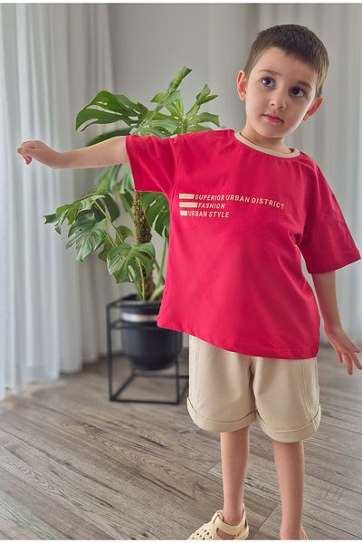 My Baby's World Claret Red T-Shirt Text Detailed Double Color Collar - Stone Color Shorts Boy's Cotton Summer Suit Mtye0076