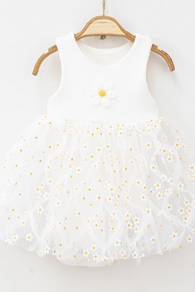 dinamik çocuk Daisy Patterned Tulle Bodysuit Girl's Dress with Ribbed, Sleeveless Summer Bottom Outfit