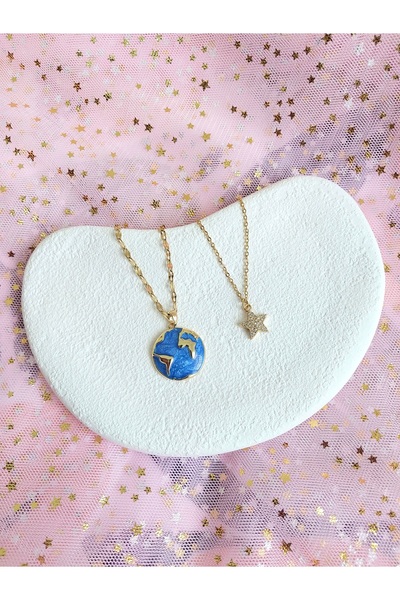 Alexis Carrel Dünya Ve Yıldız Figürlü Gold Paslanmaz Çelik Kolye