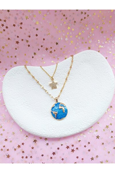 Alexis Carrel Dünya Ve Yıldız Figürlü Gold Paslanmaz Çelik Kolye