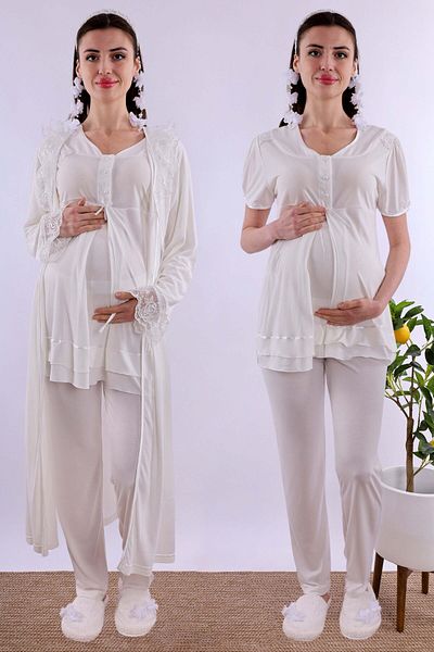 ByLohusa Effortt Ecru Maternity Pajama Set with Dressing Gown