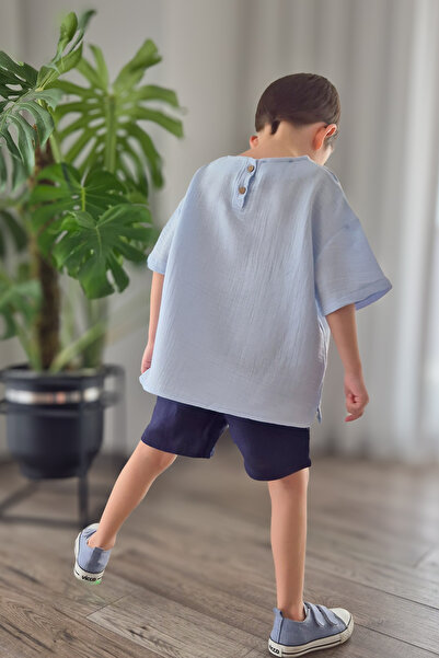 BALKABAĞI Fish Ice Blue / Navy Blue Muslin 100% Cotton Natural Fabric Summer Boy's Suit Mtye0080