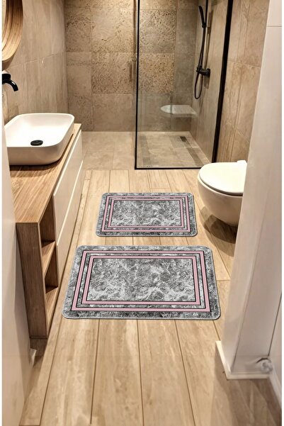 BigArts Home طقم سجادة حمام باللون الرمادي والوردي مع قاعدة مضادة للانزلاق، قابلة للغسل (50 × 60، 60 × 90 سم)