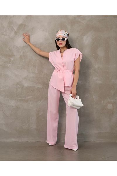 Meros Atelier Premium Linen Fabric Pink t Sleeve Tie-Up Vest Pants Set