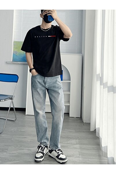 VBSVİBES Boston Printed Single Jersey Black T-Shirt - Oversize Crew Neck T-Shirt