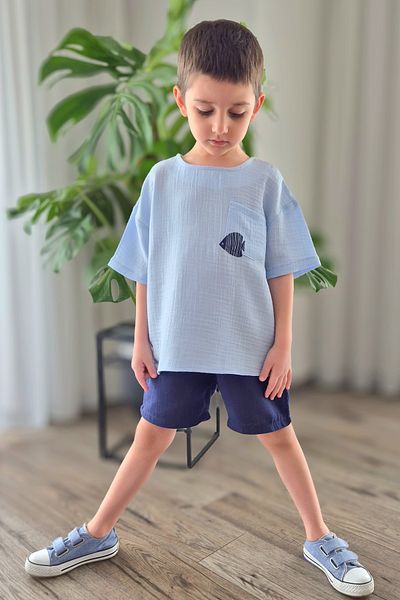 My Baby's World Fish Ice Blue / Navy Blue Muslin 100% Cotton Natural Fabric Summer Boy's Suit Mtye0080