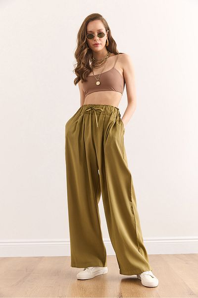 Olalook Women's Oil Green Lace-Up Waist Detailed Pocket Modal Draped Pants Pnt-19000331