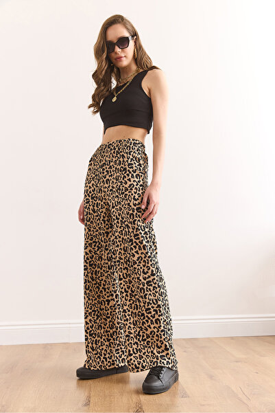 Olalook Kadın Taş Beli Lastikli Yüksek Bel Dökümlü Leopar Pantolon PNT-19000335