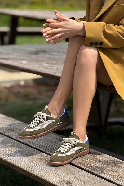 NİŞANTAŞI SHOES Myla Khaki Wildleder Mesh Detaillierte flache Sohle Damen Schnürschuhe
