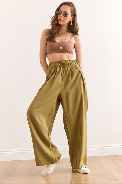 Olalook Women's Oil Green Lace-Up Waist Detailed Pocket Modal Draped Pants Pnt-19000331