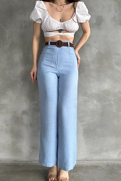 Caddebostan Moda Pantaloni de damă din in cu centură în talie 100% bumbac