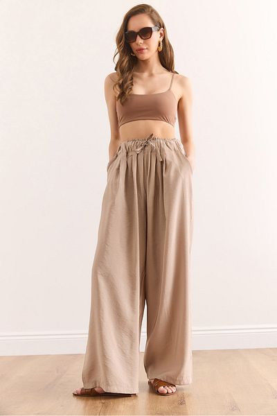 Olalook Women's Mink Lace-Up Waist Detailed Pocket Modal Draped Pants Pnt-19000331