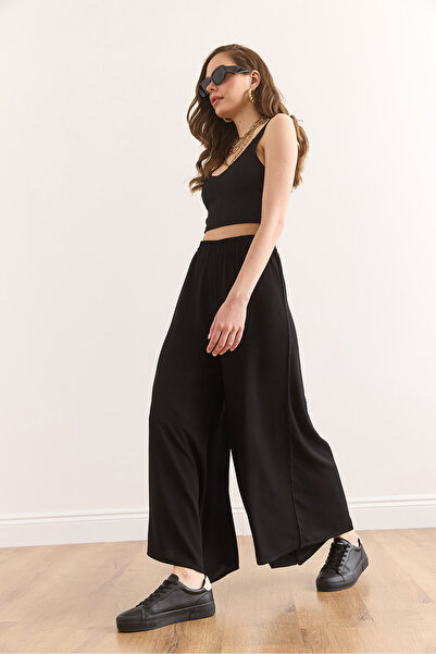 Olalook Kadın Siyah Beli Kalın Bantlı Dökümlü Etek Pantolon PNT-19000330