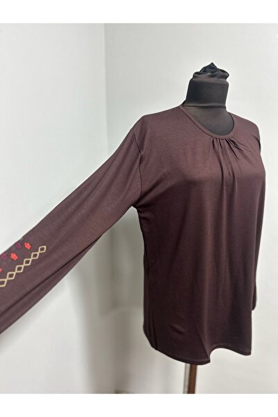 ÖZDEV Дамска блуза Rikralı Anne Jersey за жени на средна възраст и по-възрастни, с бродерия, еластична и събрана яка