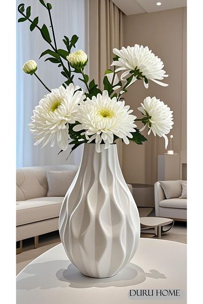 Lui Tasarım Nordic Bohemian Style Modern Wave Pattern Ceramic White Vase 21 cm