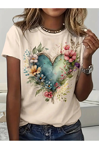 GALASHOP Çicek desenli kalp kadın t-shirt Model32