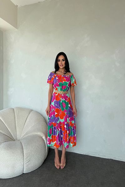 LİLA İSTANBUL Madonna Collar Floral Patterned Summer Dress (Belt Is an Accessory)