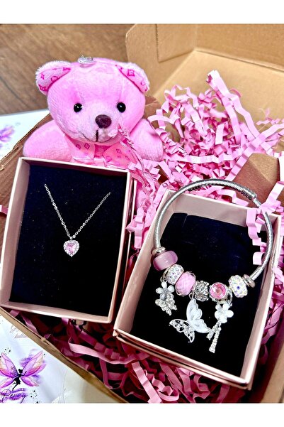 Perry Accesories Kararmaz Çelik Pembe Kalp Kolye ,çelik Bileklik Ve Ayıcık Seti Sevgililer Gününe Özel Hediyelik Set