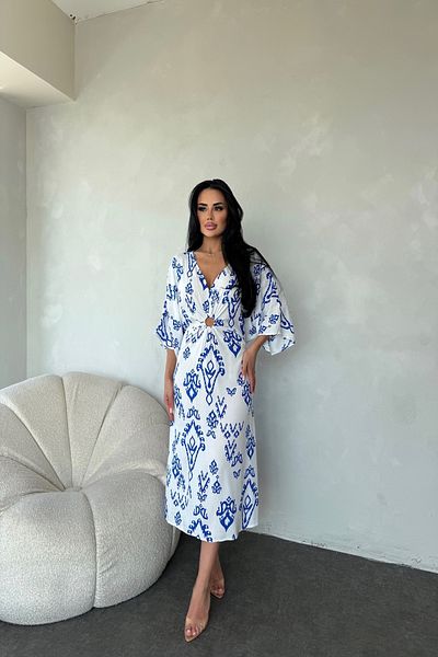 LİLA İSTANBUL V Neck Bat Sleeve Ethnic Print Summer Dress