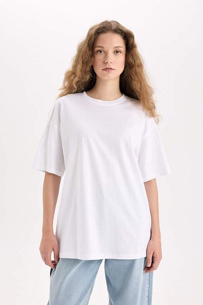 DeFacto Tricou alb cu mânecă scurtă, cu mânecă scurtă, cu croială largă, de bază, simplu, V4136az25sm