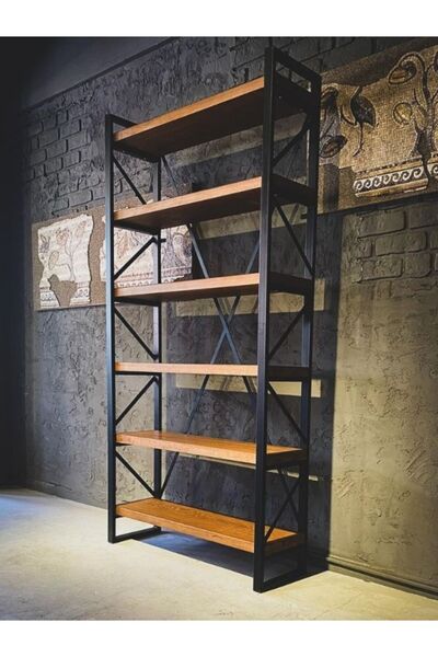 FIRU HOME Masif Ahşap Kitaplık – Metal Çerçeveli Endüstriyel Raf Ünitesi, Rus...