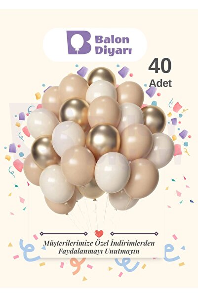 BALON DİYARI Beyaz & Ten Rengi & Gold Konfeti Şeffaf 40 Adet Balon Seti – Göz...