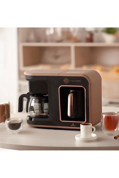 Karaca Turkish Coffee in Ember with Glass Teapot, Turkish Coffee with Milk, Milk Drink, Filter Coffee and Tea Brewing