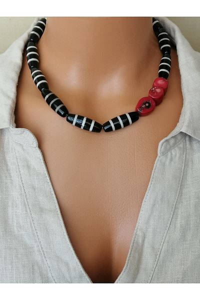 LemaStone Natural Stone Necklace (Aa Quality Tibetan Agate and Red Coral)