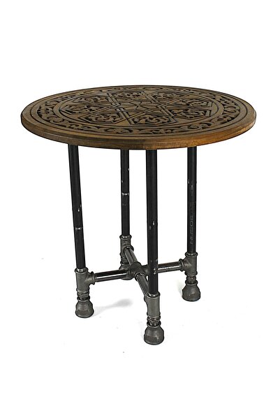 Otantik Çarşı Eskitme Ahşap Oymalı Yuvarlak Sehpa 50 cm.