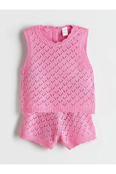 LC Waikiki Lcw Kids Pink Openwork Girls' Sweater and Shorts 2-Pack