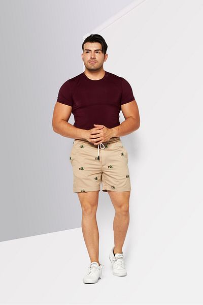 Palm Angels Men Drawstring Embroidered Shorts, Beige