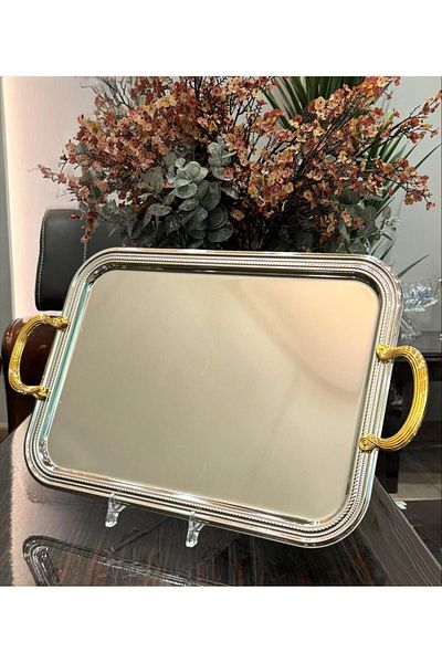 aljahwari Single Serving Tray, Two-Tone Nickel with Gold Handle