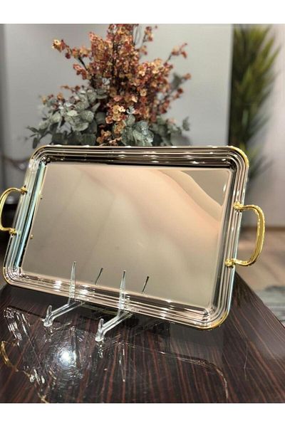 aljahwari Single Serving Tray, Two-Tone Nickel with Gold Handle