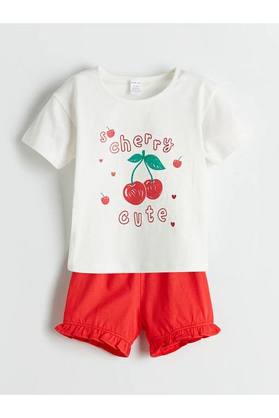 LC Waikiki Lcw Baby Ecru Cherry Printed Baby Girl T-Shirt and Shorts 2-Pack