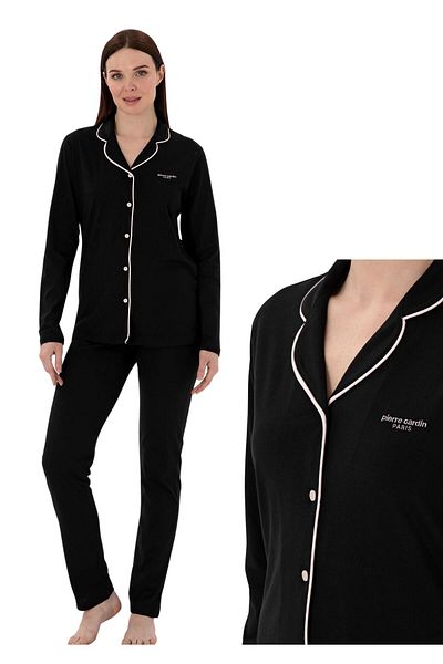 Pierre Cardin Women's Black Shirt Collar Modal Cotton Boxed Pajamas Set