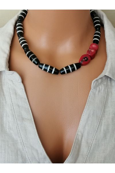 LemaStone Natural Stone Necklace (Aa Quality Tibetan Agate and Red Coral)