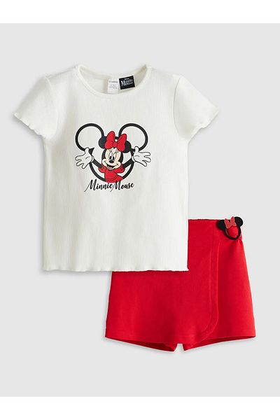 LC Waikiki Lcw Kids Ecru Minnie Mouse Printed Girls' T-Shirt and Shorts Skirt