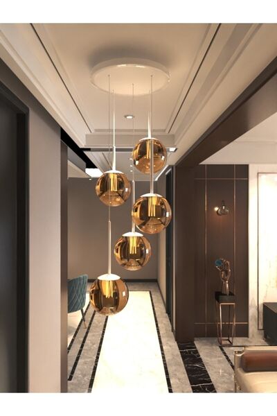 avizade Vega Sarkıt Top Avize Bal Rengi 5’li Glop Camlı, Beyaz Dayanıklı Kasa Modern Şık Tasarım Avize