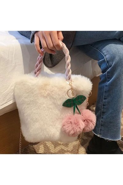 Yıldız Accessory Geantă de mână pentru femei la modă, cu lanț auriu, mâner din catifea, cu pompon de cireș de pluș, geantă de umăr Pufidik