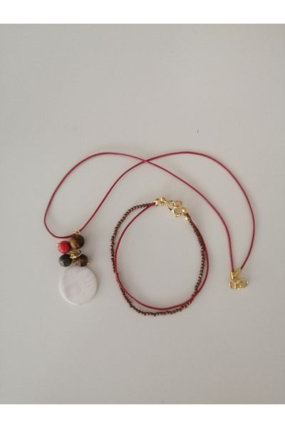 LemaStone Red Leather Necklace with Natural Stones,Bracelet;Tiger Eye,Pirit,Hematite,Variscite and Mother of Pearl Stone.