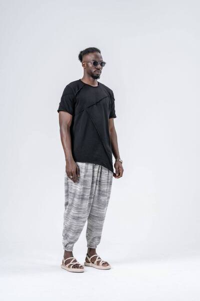 SUPERBLUE Men's Patterned Summer Wrinkled Gray Baggy Trousers