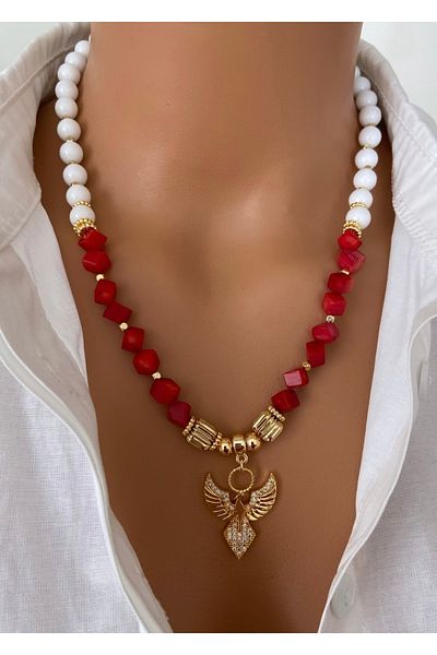 TARZ-I TAKI Natural Stone Red Cube Real Coral Stone & Zircon Stone Phoenix Design Women's Necklace