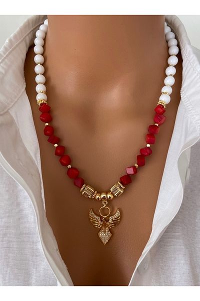 TARZ-I TAKI Natural Stone Red Cube Real Coral Stone & Zircon Stone Phoenix Design Women's Necklace