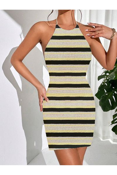 my cherie Back Low-Cut Knitwear Striped Mini Dress