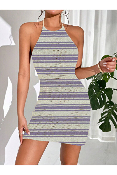 randevu Ριγέ Πλεκτό Φόρεμα Παραλίας με απαλή υφή