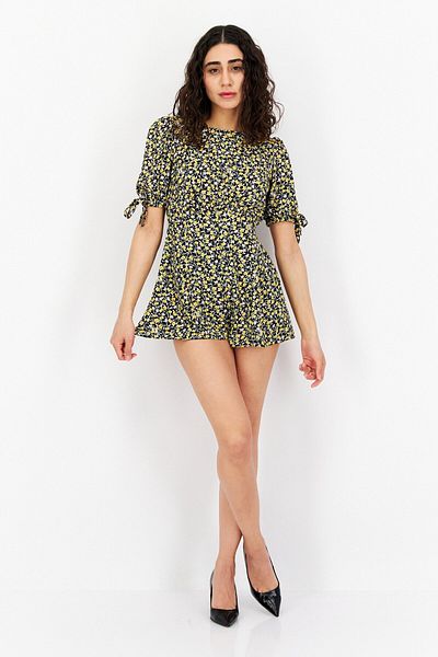 Miss Selfridge Women Petite Floral Print Short Sleeve Playsuit, Black