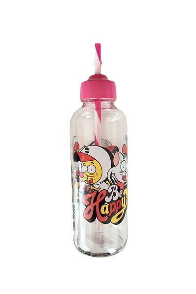 Renga Glass Bottle with Straw /Be Happy