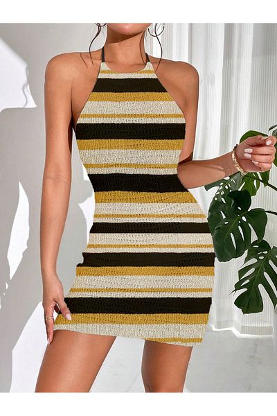 my cherie Back Low-Cut Knitwear Striped Mini Dress