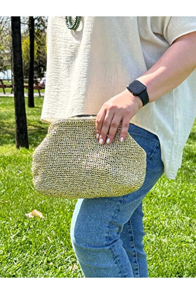 Bunibag Gold Renkli Simli Kağıt Ip Clutch Çanta